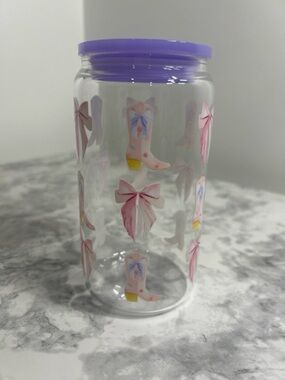 Cowgirl Boots 16oz Glass Cup w/ Lid Coquette Pink Bow Aesthetic Cute Tumbler